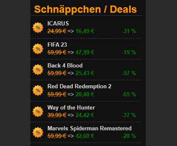 Jetzt die neuen myKPV.de #Preisvergleich #Deals checken und #sparen:

#ICARUS
#FIFA23 
#Back4Blood
#RedDeadRedemption2
#WayoftheHunter
#MarvelsSpiderManRemastered

👉 bit.ly/KPV-Deals