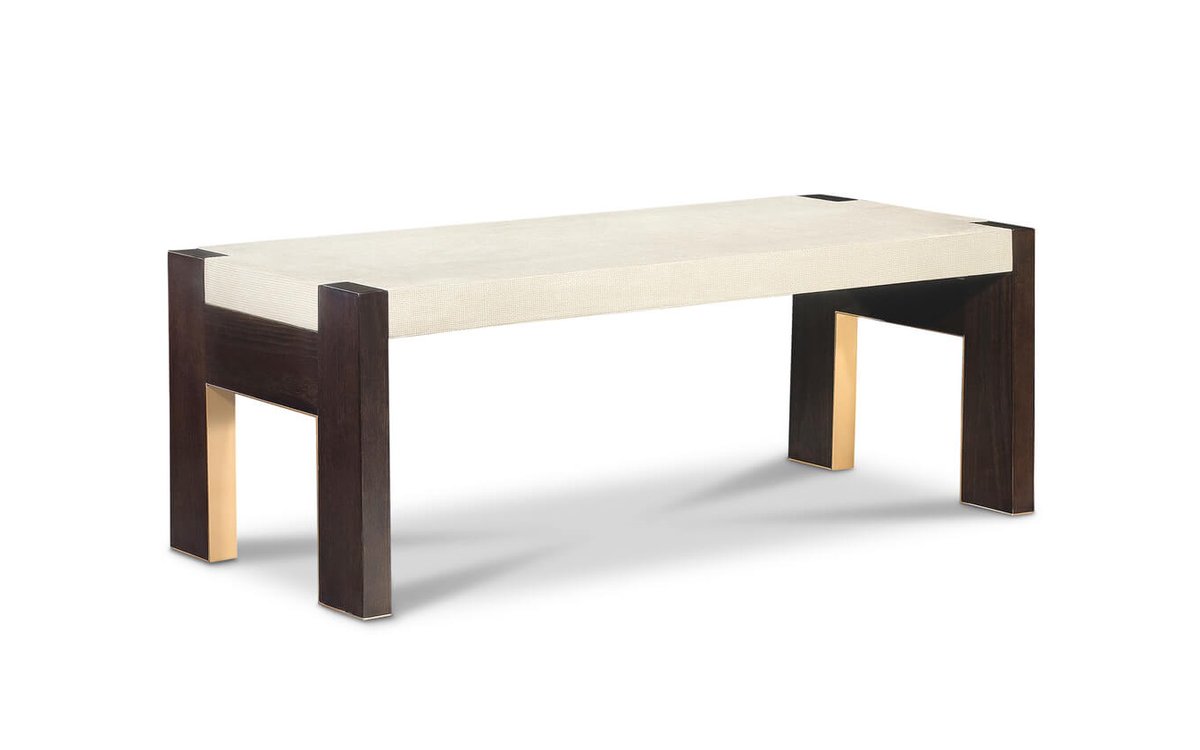 Bench with dark brown ash veneer legs with bronze powder coat accents by designer Jiun Ho from Kinkou collection. #bench #bolier #kinkoucollection #jiunho #interiordesign #luxuryfurniture #deccahome #deccafurniture
