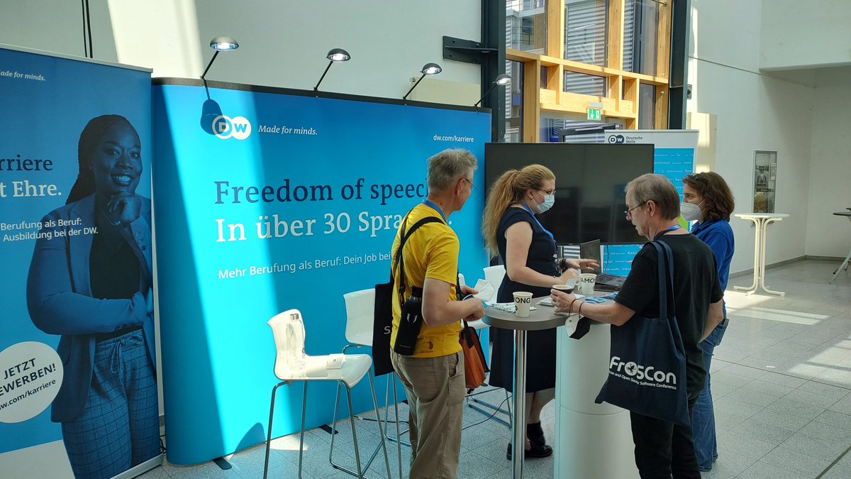 h_ingo's tweet image. Apart from databases though the exhibition area was bigger than I&apos;ve ever seen! Like seriously impressed that @DeutscheWelle is at #FrOSCon2022 and with a spot on topical message too!