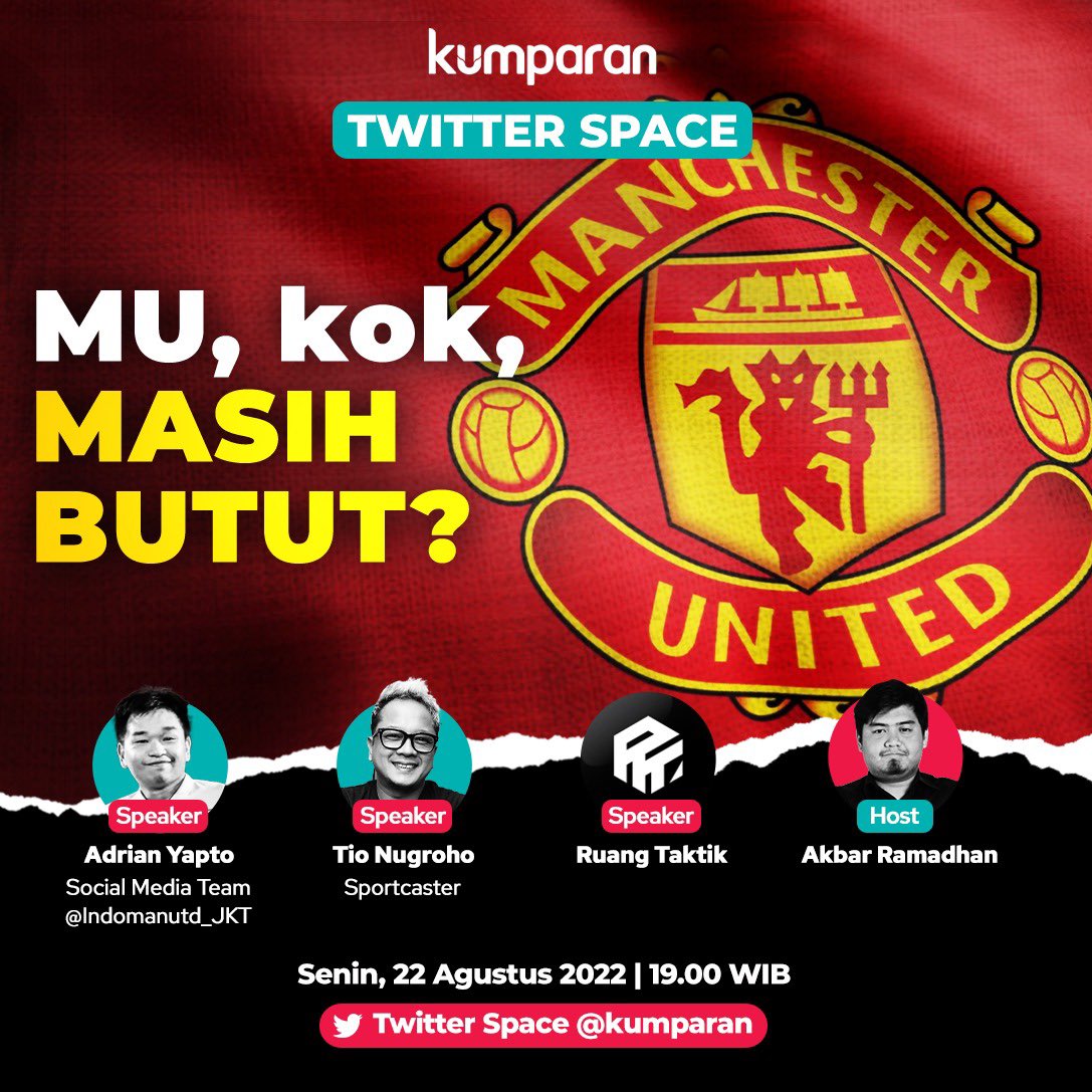 Bersama <a href="/kumparan/">kumparan</a> <a href="/t10nugroho/">Tio Nugroho</a> dan <a href="/ruangtaktik/">Ruang Taktik</a>  serta perwakilan dari Indomanutd Jakarta <a href="/Adriantega/">Adrian</a> 
akan membahas  Manchester United  menjelang lawan Liverpool
Besok Malam jam 19.00 WIB
Stay tune