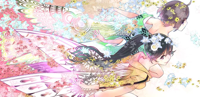 【休載SP企画】●8巻・特装版/阿々木火憐&月火●一枚絵で見るのとボックス状態で見るのとでは、かなり印象が違う一枚。ボツになった薄色バージョンと採用されたバージョンも印象違うので見比べて楽しんでもらえたら(グレスタ) 