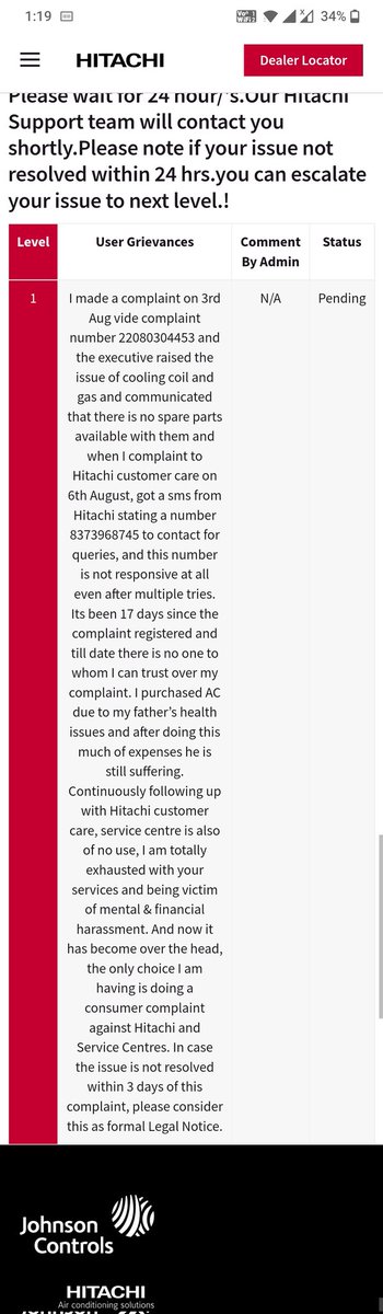 33reetika21's tweet image. @HitachiHomes @consaff @jagograhakjago Purchasing AMC from hitachi was my biggest mistake

Its been 20 days since I am chasing with team but no one is responding to us back,filed muiltiple complaints on calls and website but nothing works 

You guys r just harrassing customers