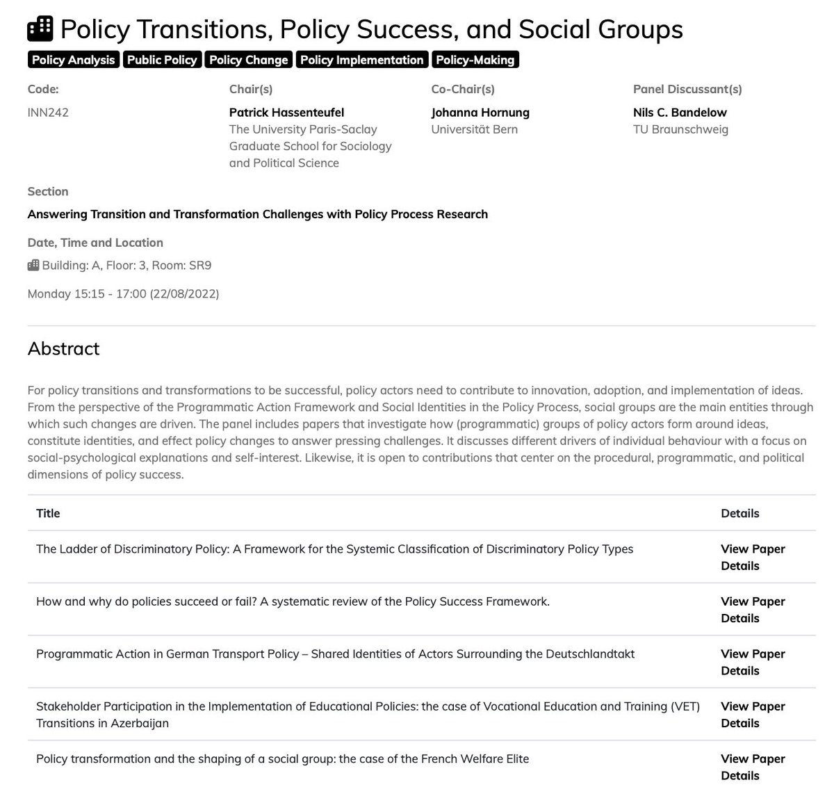 Don't forget to join our panel on social groups, programmatic action and policies at #ecprgc22 tomorrow with  <a href="/JohannaHornung/">Johanna Hornung</a>, Patrick Hassenteufel,<a href="/IlanaSchroder/">Ilana Schröder</a> <a href="/nilsbandelow/">Nils C. Bandelow</a> @EvaThomann <a href="/gulaymm4/">gulaymm</a> <a href="/EllenWayenberg/">Ellen Wayenberg</a> <a href="/WGenieys/">william genieys</a> <a href="/SaidDARVICHE/">Saïd DARVICHE</a> 
ecpr.eu/Events/Event/P…