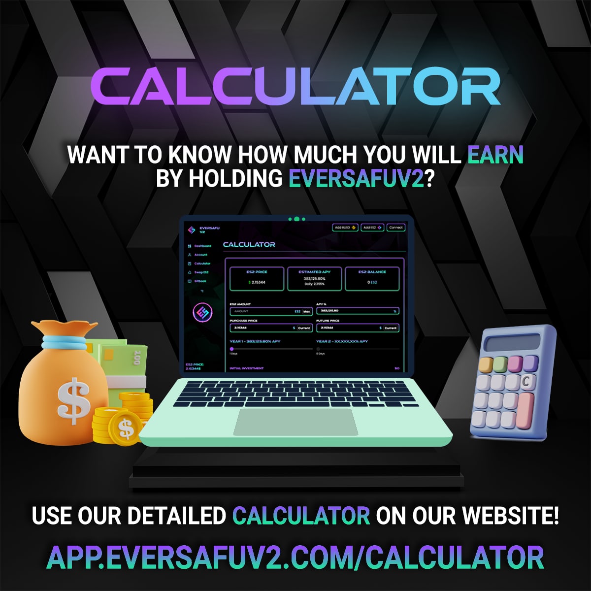 InDefiWeTrustt's tweet photo. 📲Our advanced DAPP has multiple functions including a detailed calculator!
🧮Including options like changing the time and future price.
🚀Find out how much you can ear with EversafuV2 NOW!

✅https://t.co/JxxRnZIzZS

#es2 #eversafuv2 #bsc #cryptogems #bnb https://t.co/b2ROXuxych