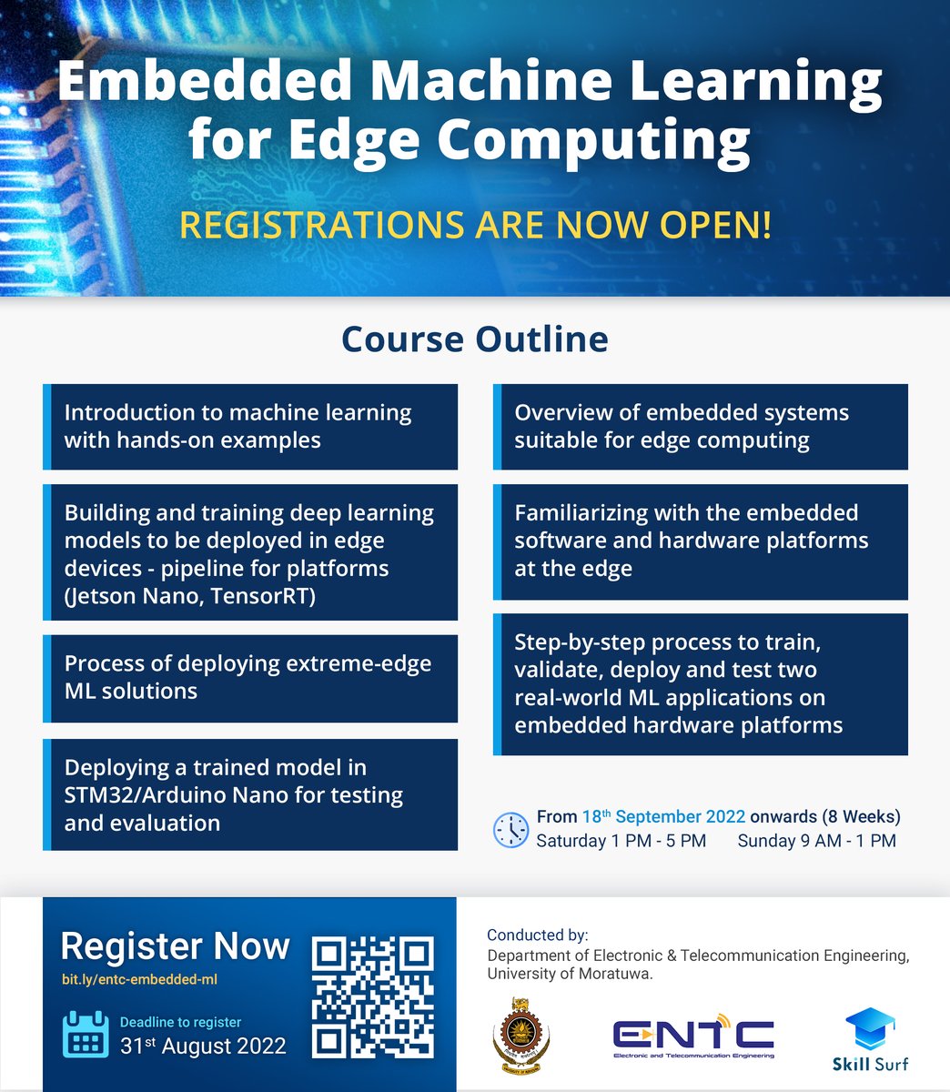 SkillSurfEdu's tweet photo. ๐ฅ๐๐๐๐ฆ๐ง๐๐ฅ ๐ก๐ข๐ช for the โEmbedded Machine Learning for Edge Computingโ course!
https://t.co/E8klnYqkkO
For more details:
+94 79 405 9651 (Damith Kandage) | sc-entc@uom.lk
#EmbeddedMachineLearning #MachineLearning #EdgeAI #EdgeComputing #ENTC #UoM #SkillSurf https://t.co/odVS0zXKQL