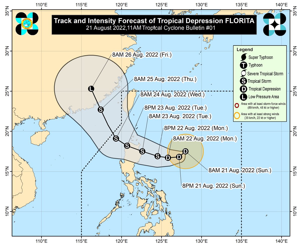dost_pagasa's tweet photo. TROPICAL CYCLONE BULLETIN NO. 1
Tropical Depression “FLORITA”
Issued at 11:00 AM, 21 August 2022
Valid for broadcast until the next bulletin at 5:00 PM today

THE LOW PRESSURE AREA EAST OF APARRI, CAGAYAN DEVELOPED INTO TROPICAL DEPRESSION https://t.co/3ljJCphJQX