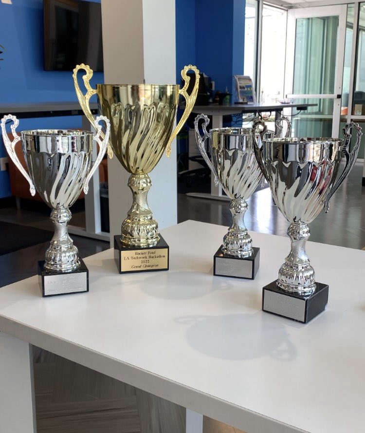 We had four trophies for the #LATechWeek hackathon: 

Champion for the Disadvantaged 
Champion for Education
Champion for the Environment 
<a href="/CooleyLLP/">Cooley LLP</a> Grand Champion 

🔥