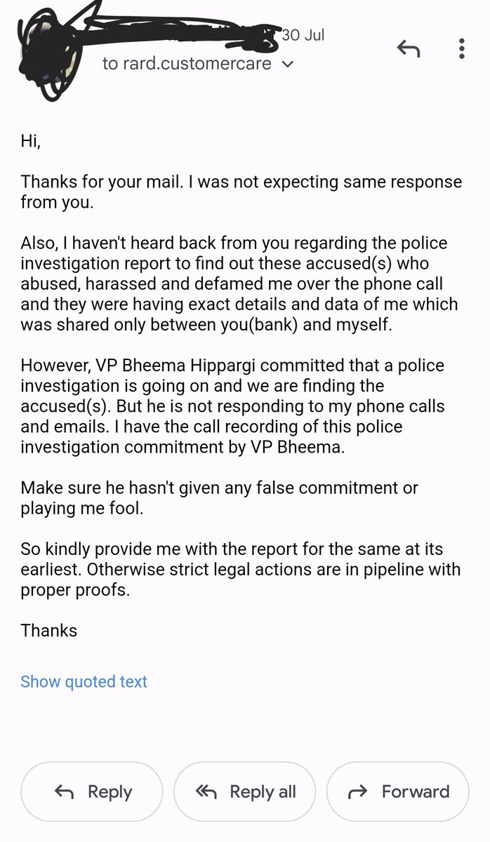 First ur grievance portal doesn't work &amp; somehow if we file a complaint then u don't respond. Please refer to the attached image,I sent u email on 30 july &amp; I haven't heard back from you till now. Where is police report?
#SatyamevJayate
#Police
#Liars #fraud #KOTAKBANK #Abusive