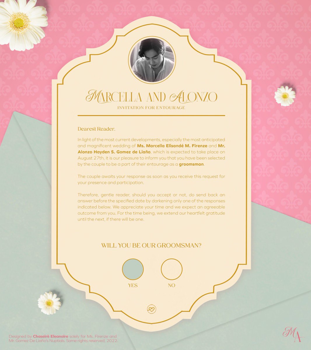 ㅤ

I, Valerío Dominic, am more than willing to partake in writing the new chapter of Marcella and Alonzo's Anthology of Love, as their Groomsman. ㅤ

ㅤ