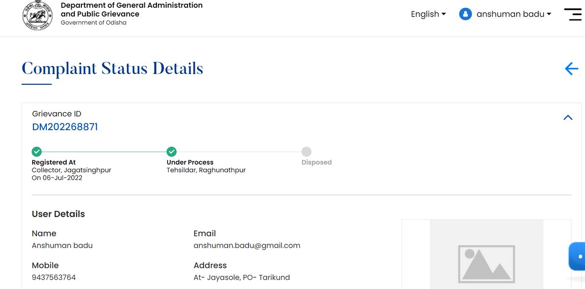 anshumanbadu's tweet photo. @CollectorJspur @TahasildarR @MoSarkar5T  My grievance bearing ID DM202268871 in Janasunani Portal is pending since 6th July 2022. Please look into the issue. https://t.co/XHbN1uToU8