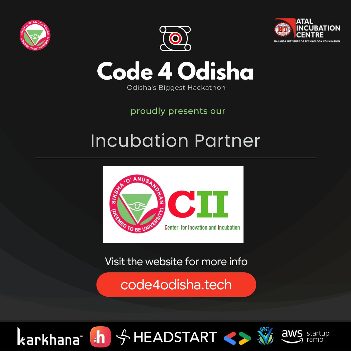 code4odisha's tweet photo. We are super excited to announce SOA CII as the Incubation Partner for Code 4 Odisha.✨

For more follow :  https://t.co/Ar6G5Agrr5

Follow @code4odisha for further updates. ✨

#Code4Odisha #InnovateForOdisha
#SOAFabLab #HackClubITER #SOA #ITER #Hackathon #Hacking #Coding #Event https://t.co/w8oF5EwMuL