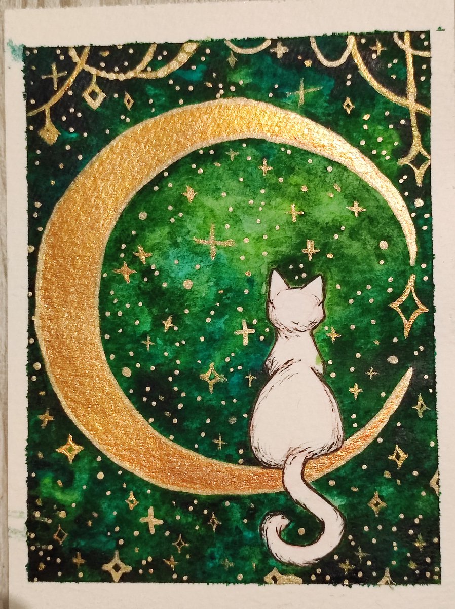 Finished another watercolor cat. The series grows so fast

#watercolor #traditionalart #cats #moon #metalicwatercolor #galaxy #artistsontwitter