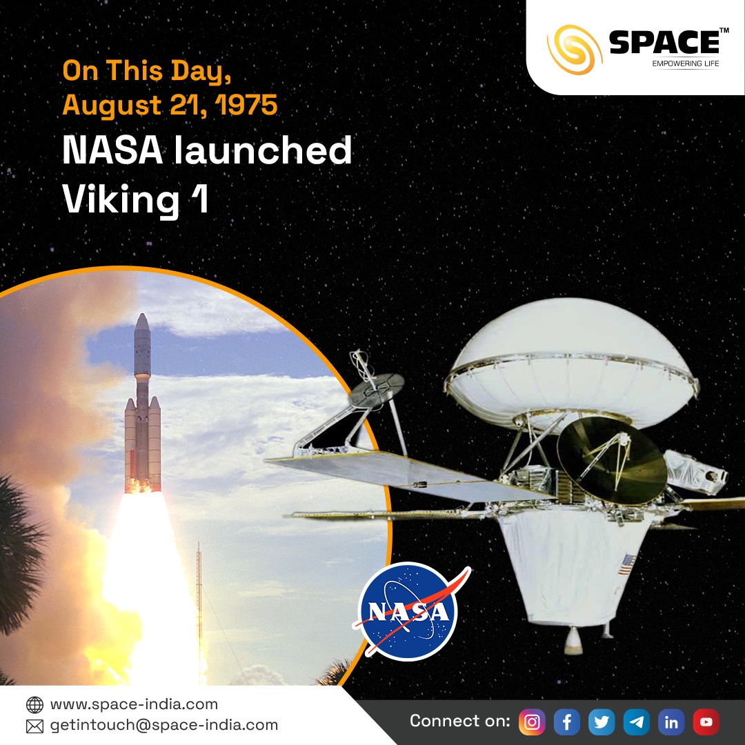 Spacian's tweet photo. On This Day - August 21, 1975: @NASA launched Viking 1, The first spacecraft🚀 that successfully landed on Mars.
#space #spaceindia #launch #august #mission #centre #india #spacestudy #astronomy #mars #moon #isro #nasa #satellite #rocket #spaceprobe #nasa @nasa #viking https://t.co/glFrNbDQaE