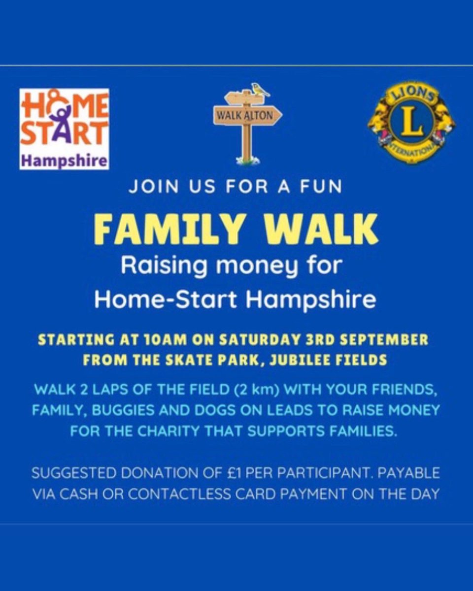 Very excited to be supporting @AltonHantsLions and @homestarthants with their sponsored walks on the 3rd of September!

Check the link in our bio for more info!

#AltonLions #HomeStart #WalkAlton #Charity #SponsoredWalk #Alton #Hampshire #WalkersAreWelcome