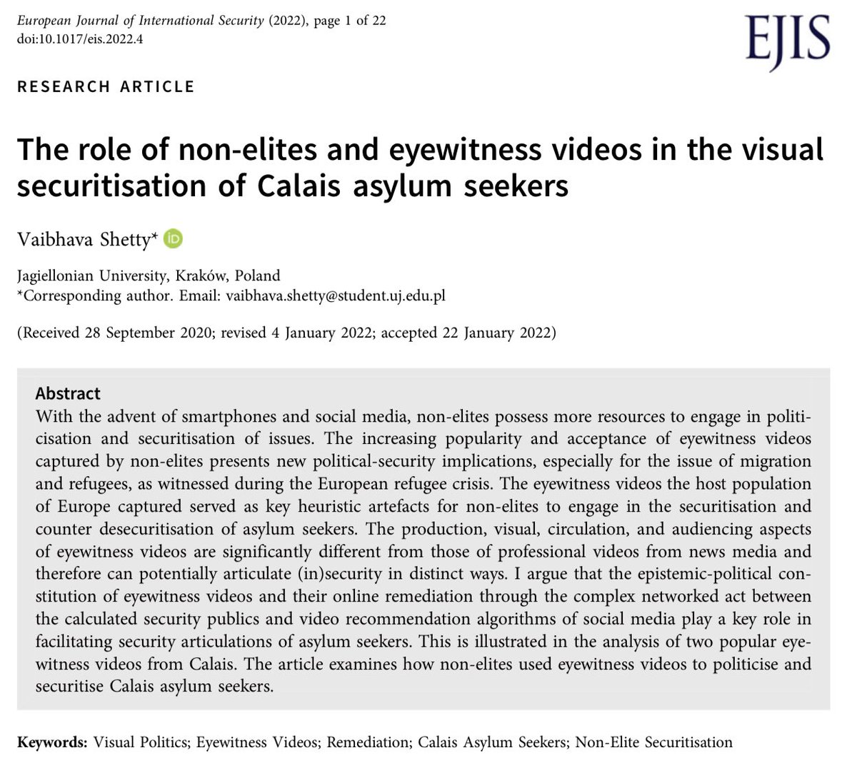 New and open-access in @EJIntSec: interesting essay by @vaibhavashetty on how amateur eyewitness videos, ciruclating through social media, play important roles in depicting and shaping encounters between asylum seekers and host populations. cambridge.org/core/journals/…