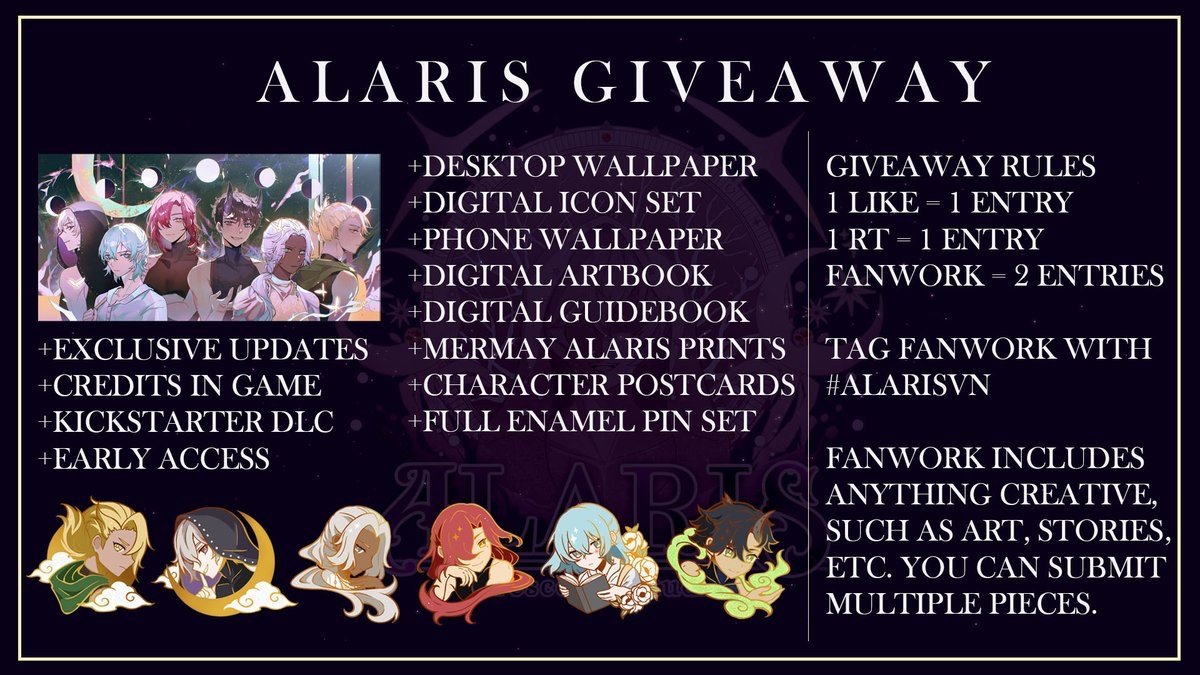 CrescenceStudio's tweet photo. ✨ #AlarisVN #Kickstarter Giveaway ✨

As thanks for all the support, we're giving away Tier 7 of the Kickstarter to 3 people, who will receive all physical and digital goodies AND Early Access to Alaris!

Ends September 9, and must be following @CrescenceStudio. Good luck! 💖 https://t.co/mkYuHNWiuf