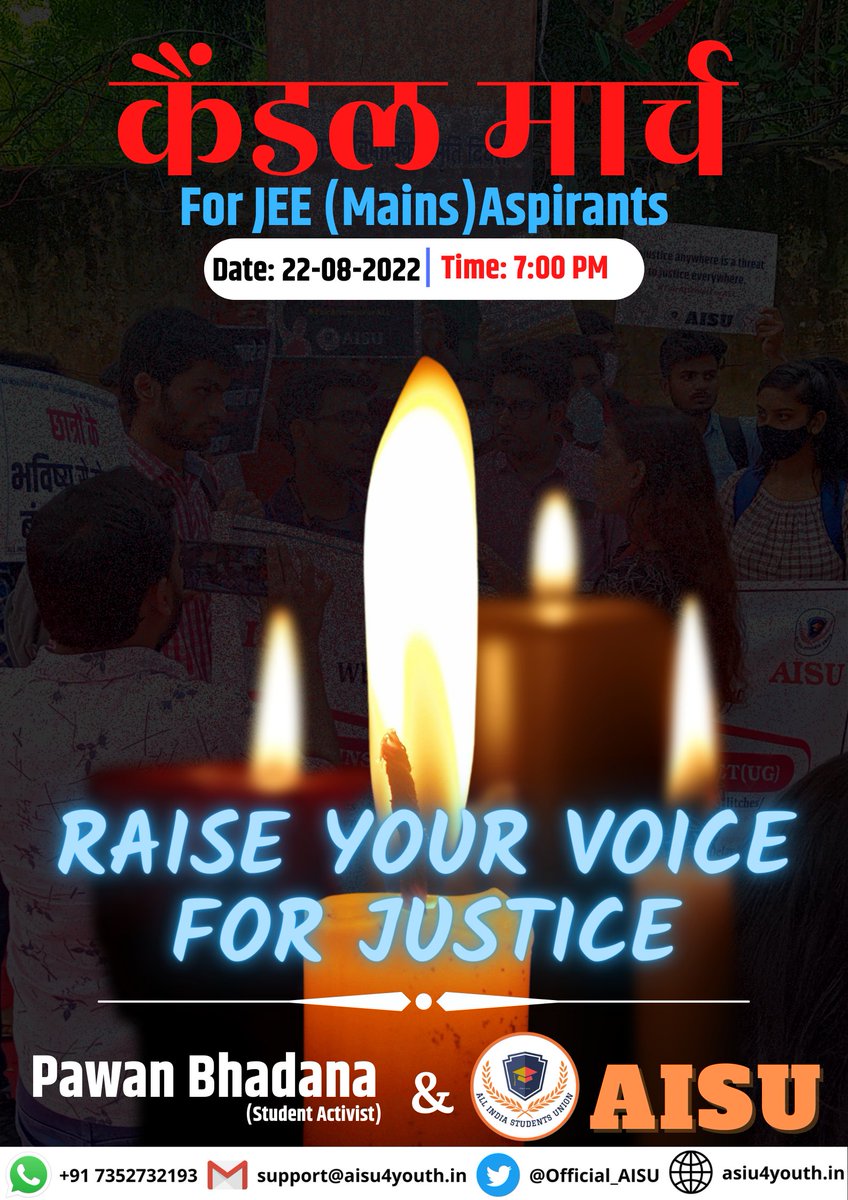 @Official_AISU & @erPawanBhadana are planning of Candle March in cities&Symbolic Protest in Delhi. AISU full support on ground too. #JEEMainsThirdAttemptForAll