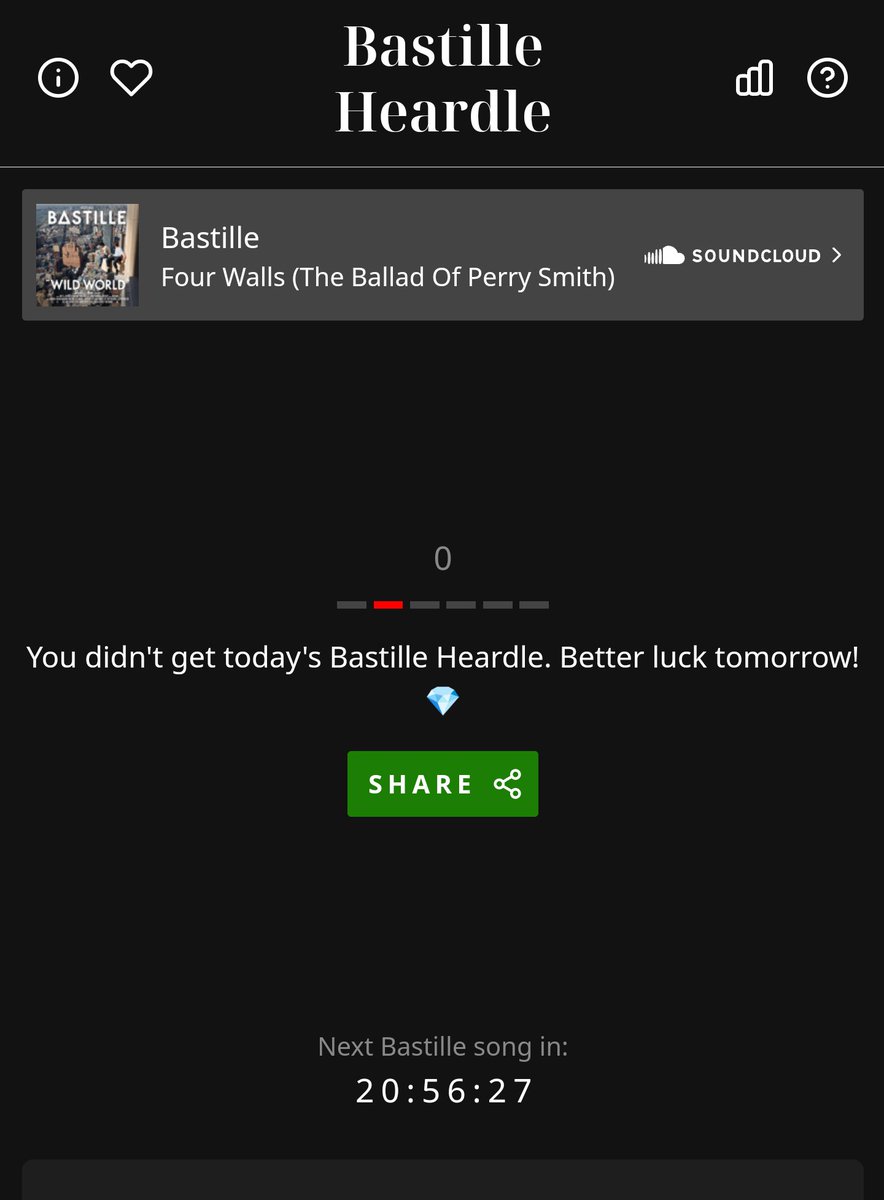 meghtrish's tweet photo. @joywhenucallme quick q about the Bastille heardle: Four Walls wasn't showing up in the list (&amp; was wrong when I manually input it). This happened a few days ago with Flowers too. Any idea why? (p.s. Thanks for creating this!) https://t.co/VtjNzm72fM