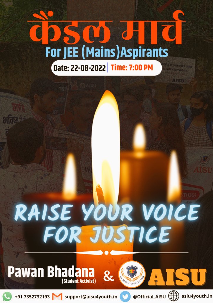 Ruchi1097's tweet photo. #JEEMainsThirdAttemptForAll #JEEMains2022 #JEEAspirantsFutureMatters #JEEStudentsWantJustice Raise your voice for justice, candle march on 22 August at 7 PM. https://t.co/JIXzi5PY9t