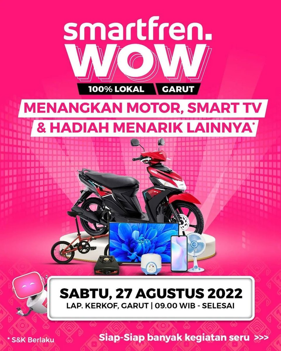 Warga Garut, mana suaranya? ✨

Udah siap buat senang-senang bareng di #smartfrenWOWGarut?

Bakal banyak keseruan lho, mulai dari festival musik, jajanan kuliner nusantara, Garut Fashion Show sampai DOORPRIZE MOTOR yuhu

#smartfrenWOW

#100PersenLokal #100PersenIndonesia