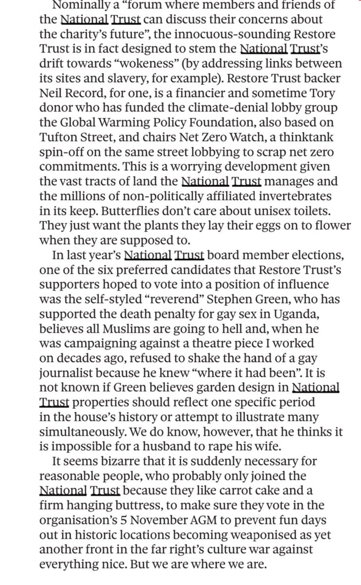 ‘It seems bizarre that it is suddenly necessary for reasonable people… to make sure they vote in the National Trust’s 5 November AGM to prevent fun days out in historic locations becoming weaponised as yet another front in the far right's culture war’ Stuart Lee in <a href="/ObserverUK/">The Observer</a>