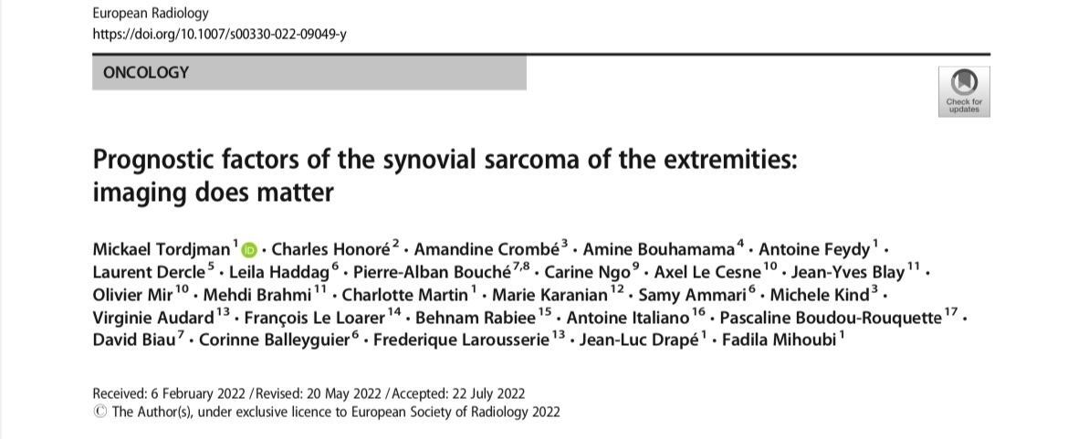 Very excited to share our paper “Prognostic factors of the synovial sarcoma of the extremities: imaging does matter” published in European Radiology! 😊 @ESR_Journals @ESSRmsk @laurentdercle @CharlesHonoreGR @BouvierFadila rdcu.be/cTWiM