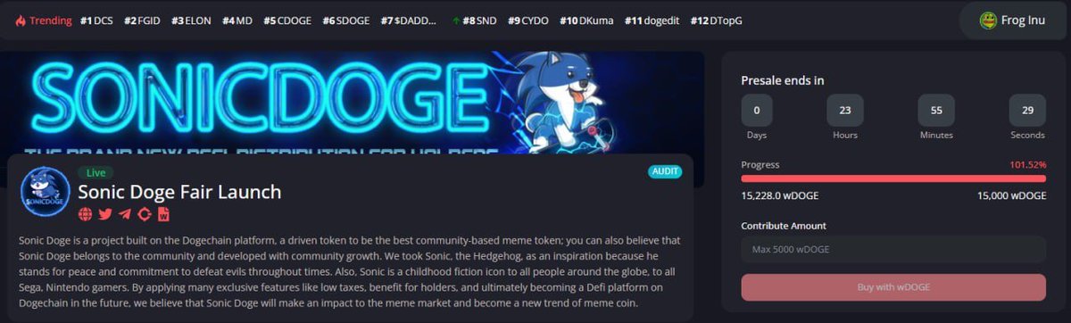 SonicDoge | DogeChain (@sonic_dogechain) on Twitter photo 🥳 CONGRATULATIONS SONIC DOGE HAS REACHED SOFTCAP WITHIN 5 MINUTES. LETS GOO 🔥🔥 TO THE MOON WITH SONIC DOGE 🚀🚀
🥇Audited by <a href="/CoinsultAudits/">Coinsult - Audits & Development</a>
💾Contract: 0x69D3E8279209b78dA6514981A962680b7C77d9F1
✅ Pandasale: pandasale.finance/launchpad/0xfE… 🥳 CONGRATULATIONS SONIC DOGE HAS REACHED SOFTCAP WITHIN 5 MINUTES. LETS GOO 🔥🔥 TO THE MOON WITH SONIC DOGE 🚀🚀
🥇Audited by <a href="/CoinsultAudits/">Coinsult - Audits & Development</a>
💾Contract: 0x69D3E8279209b78dA6514981A962680b7C77d9F1
✅ Pandasale: pandasale.finance/launchpad/0xfE…