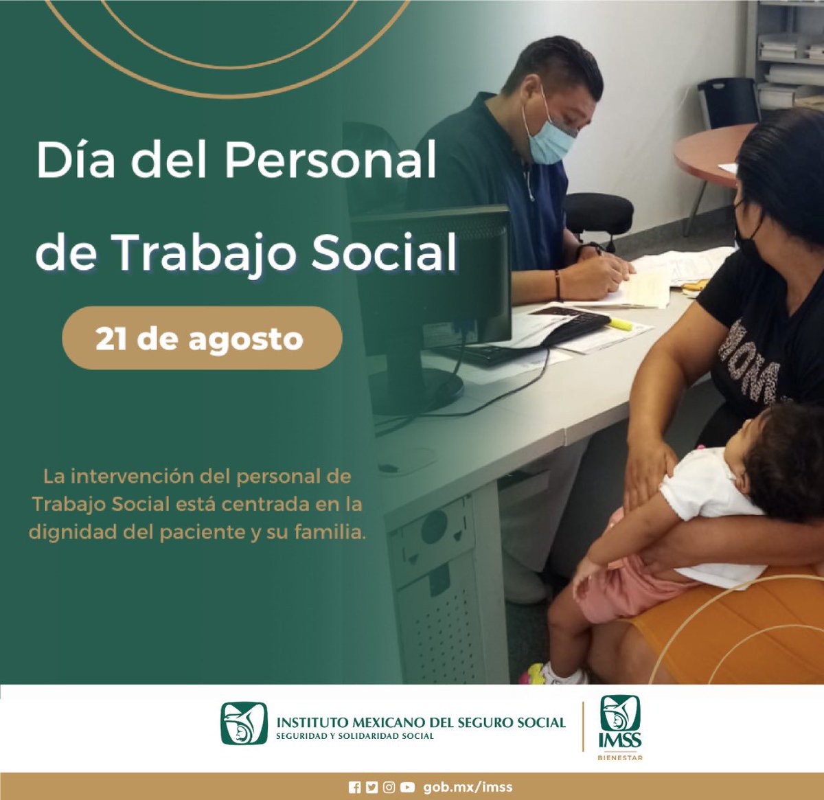 El 21 de agosto es el #DíaDelPersonalDeTrabajoSocial, en el Programa #IMSSBIENESTAR la intervención del personal de Trabajo Social está centrada en la dignidad del paciente y su familia, con pleno conocimiento de los #DerechosHumanos.