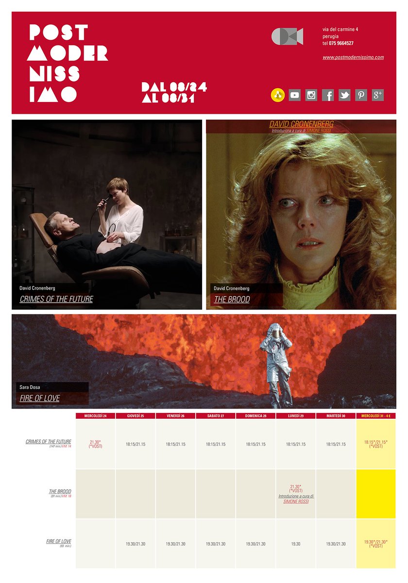 RIPARTIAMO! Dal 24 agosto The Crimes of the future <a href="/luckyredfilm/">Lucky Red</a> / dal 25 agosto #FireOfLove <a href="/AcademyTWO/">AcademyTWO</a> / 29 agosto al via la retrospettiva #Cronenberg con The Brood. Bentornato #Cinema #Perugia