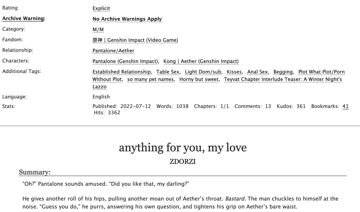 ZDORZI's tweet photo. #HarbingersAetherShipWeek [free day entry]

decided to un-anon my genshin fic that i posted last month! it's short, but i hope the aether lovers out there enjoy it nonetheless ♡

— anything for you, my love
— pantalone x aether
— rated E | 1k words
🔗 https://t.co/7D8kMKwatD https://t.co/ZBPb7G7eBT