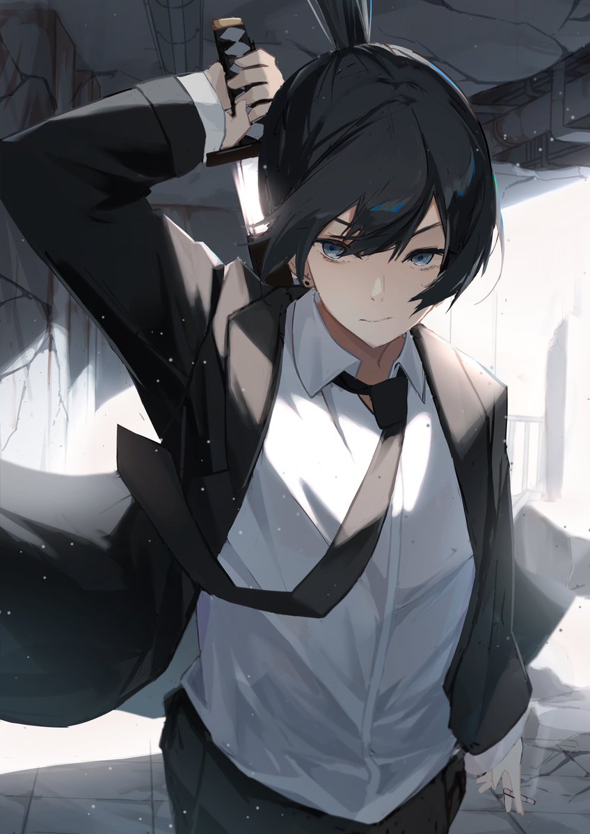 hayakawa aki weapon sword necktie black hair solo suit formal  illustration images