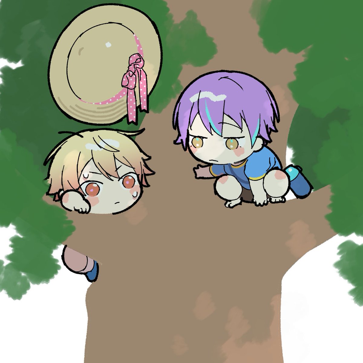 hat 2boys multiple boys purple hair blonde hair squatting yellow eyes  illustration images