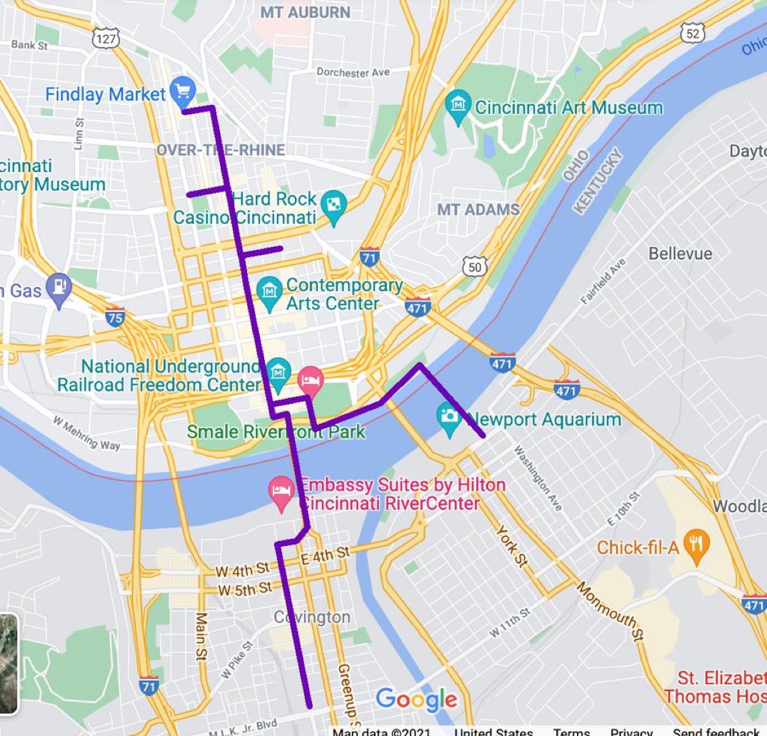 In Bogata, they return 75 miles of city streets to the people on Sundays and half a million participants come out to cycle, walk, exercise, and enjoy an area free of cars. 

Cincinnati and NKY should try something similar and close the purple area to cars one Sunday a month.
