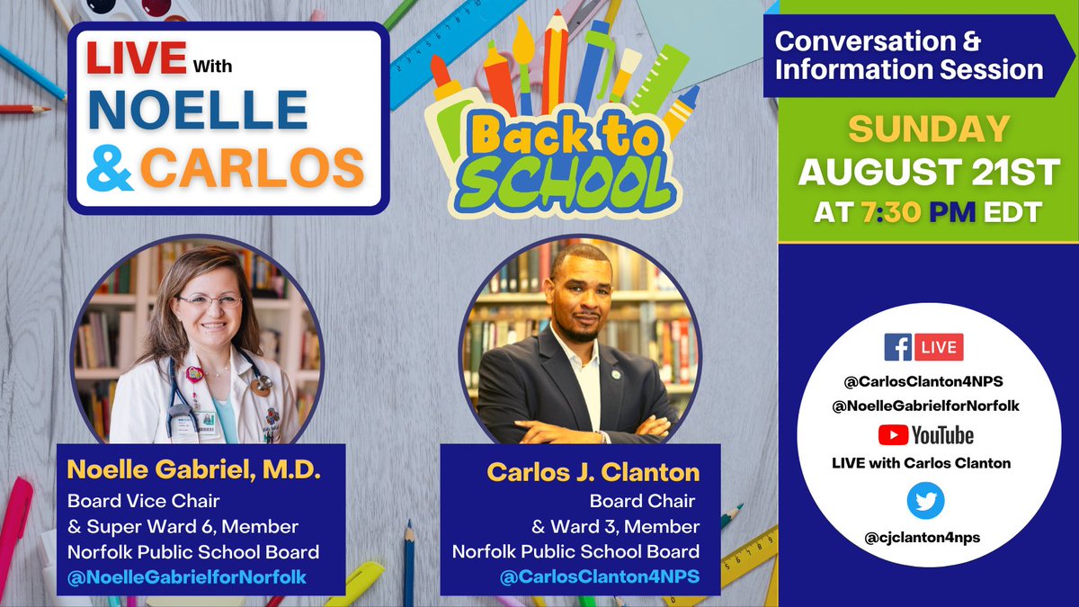 ➡️ Join us Today at 7:30 p.m. for LIVE with <a href="/DrNoelleGabriel/">Noelle Gabriel, MD</a> and <a href="/cjclanton4nps/">Hon. Carlos J. Clanton</a> the Back to School Edition 🎒 @NPSchools <a href="/NorfolkVA/">City of Norfolk, VA</a> <a href="/NorfolkPta/">NorfolkPTA</a> #npsinthistogether #npschools #community #parents #Education