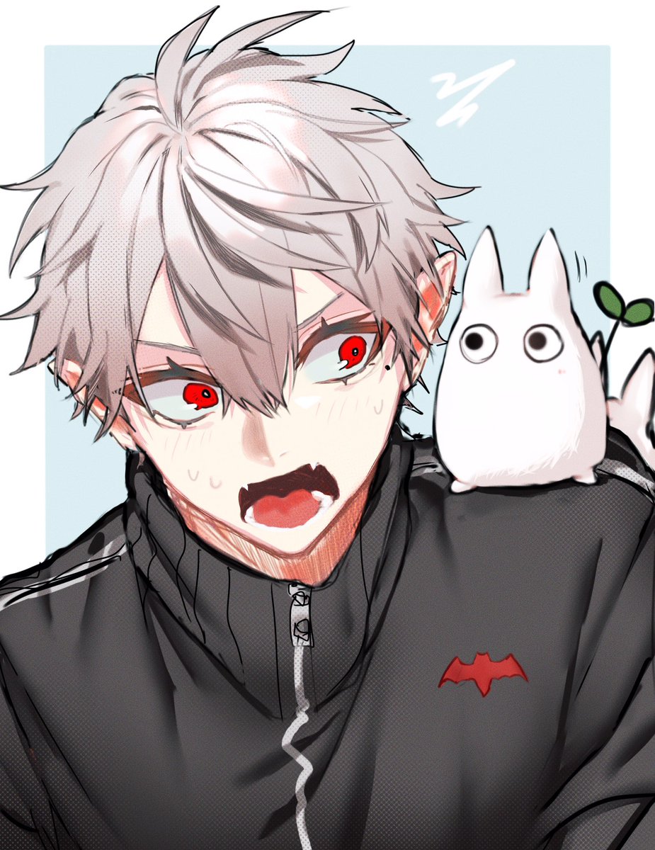 kuzuha (nijisanji) male focus 1boy red eyes pointy ears jacket fangs grey hair  illustration images