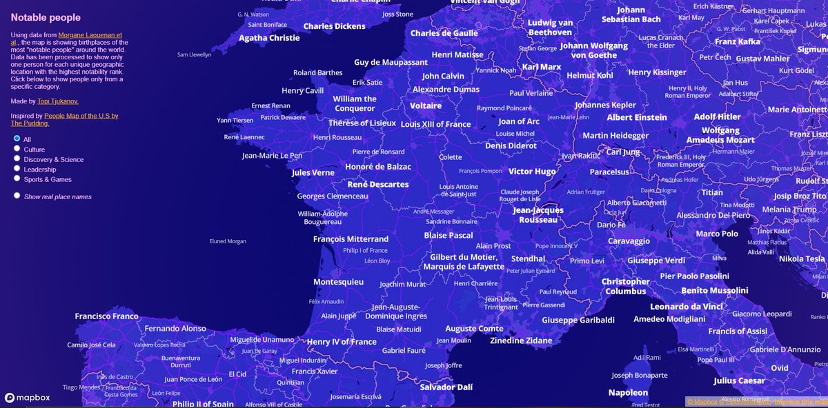 🌍 INSOLITE | La carte interactive "Notable People" créée par le géographe Topi #Tjukanov permet de visualiser facilement la personne la plus #célèbre de votre pays, région et même de votre ville.
Quelle est la personnalité la plus connue de votre ville ?

tjukanovt.github.io/notable-people