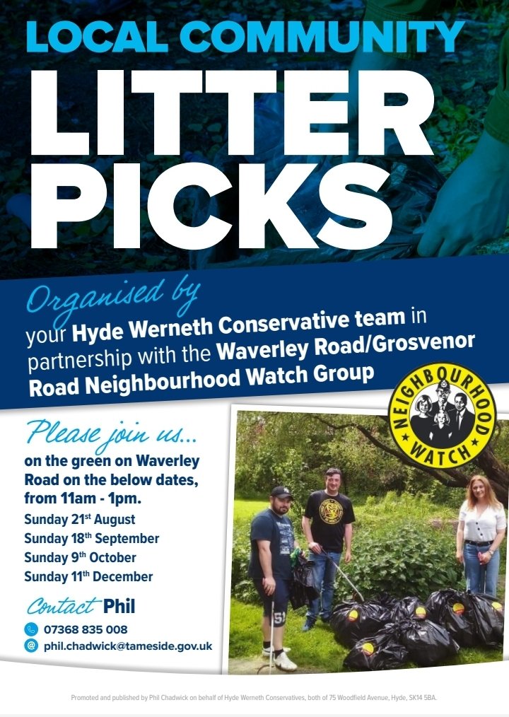 We have been doing litter picks across the #HydeWerneth ward for years, before the <a href="/TamesideCouncil/">Tameside Council</a> #OurStreets campaign suddenly became fashionable. This morning we collected 7 bags from the Waverley Road/Grosvenor Road estate. #LitterHeroes #Litter