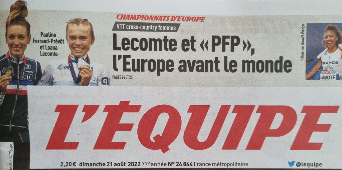 Les championnes <a href="/LoanaLecomte/">Loana Lecomte</a> et <a href="/FERRANDPREVOT/">PFP</a> à la Une de L'Equipe ! Puisse le titre être prémonitoire ! Puissent-elles, la semaine prochaine aux Gets, réaliser la même performance lors du Mondial ! 
Encore bravo et chaleureux encouragements à toutes les deux!
<a href="/FFCyclisme/">FFC</a> <a href="/cic/">CIC</a>