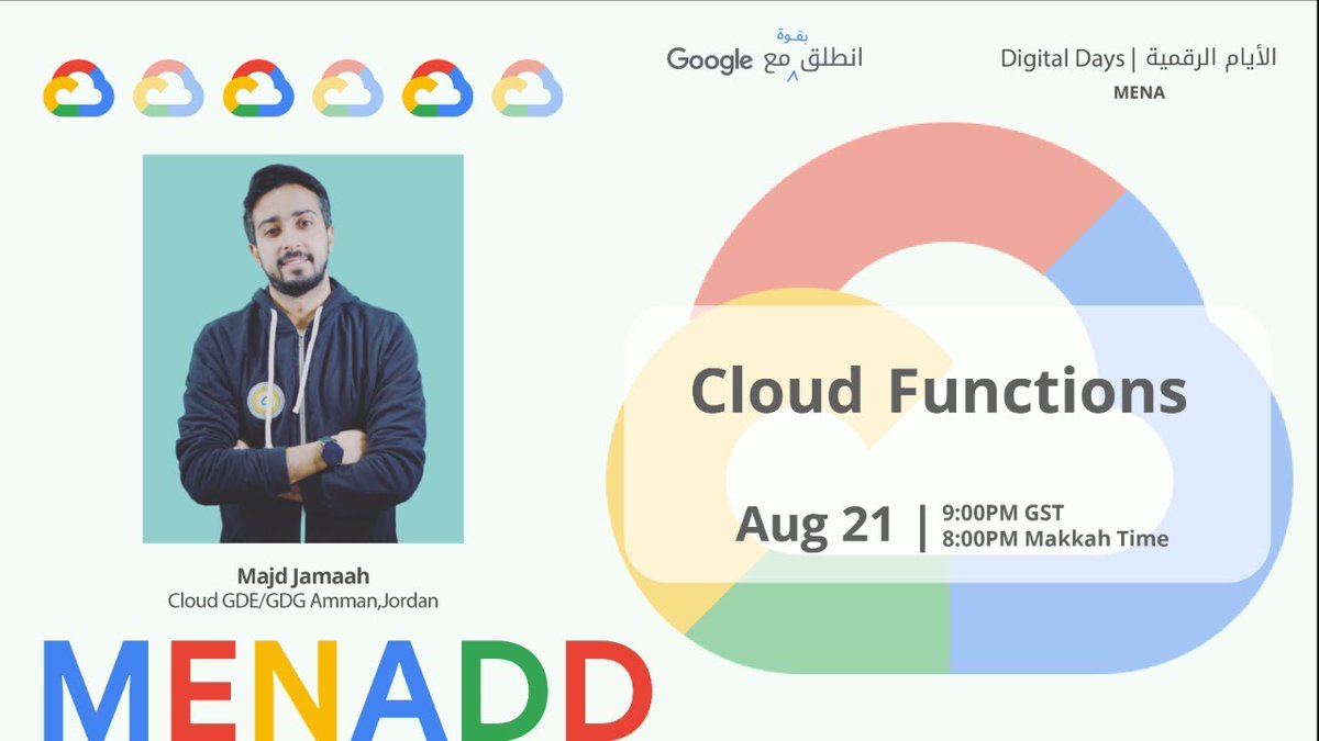 لنتابع سلسلة "Google Cloud Platform Services &amp; Products " مع الخبير :
<a href="/MajdJamaah/">Majd Jamaah 🇵🇸</a>
و ستكون محاضرة الليلة عن"Cloud Functions"
مع الساعة 9م بتوقيت دبي مباشرة على اليوتيوب:
youtu.be/Rs28Unqdr3M
#MENADD