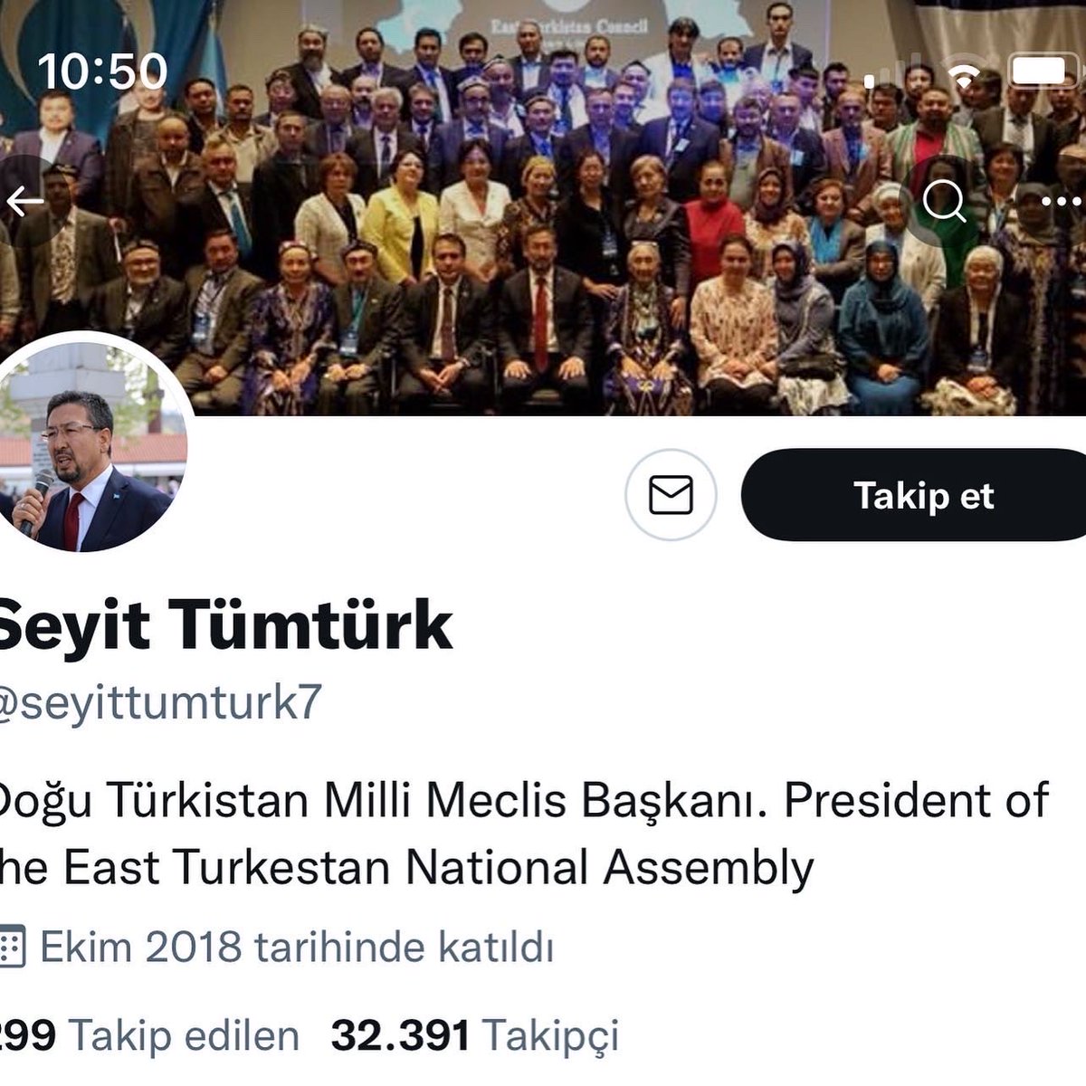 Muhterem Doğu Türkistan dostlarım 3 aydır <a href="/seyittumturk7/">Seyit Tümtürk</a> Twitter hesabım engellenmiştir. Belki bunda Çin’inde dahli olmuştur. Çin işgalindeki 35 milyon Doğu Türkistanlı kardeşlerimizin sesi olmaya çalışan bu sayfamın açılması için Twitter üzerinden destek vermenizi beklerim.