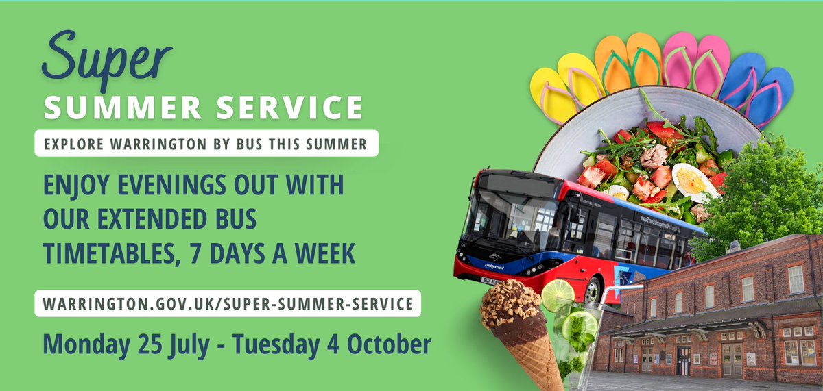WarringtonBC's tweet photo. Enjoy an evening out for less β even on Sundays β with Warrington's #SuperSummerService π¦βοΈ
Enhanced evening bus timetable, with adult single fares capped at Β£2 and children travelling for only Β£1 https://t.co/4HDDLvDn3H @WarringtonBuses https://t.co/QV4tRNXYFo