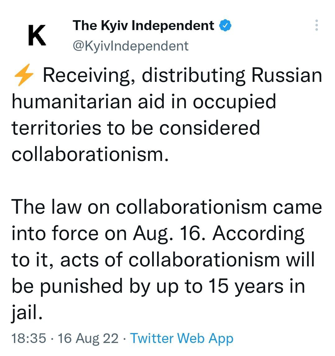 PLnewstoday's tweet photo. #Breaking: Ukraine is 100% breaking international law and the Geneva Convention by making it a crime punishable by 15 years is prison to receive or distribute Russian humanitarian aid in #Russian controlled territory of the #UkraineRussiaWar zone. https://t.co/qDop8GGgAG