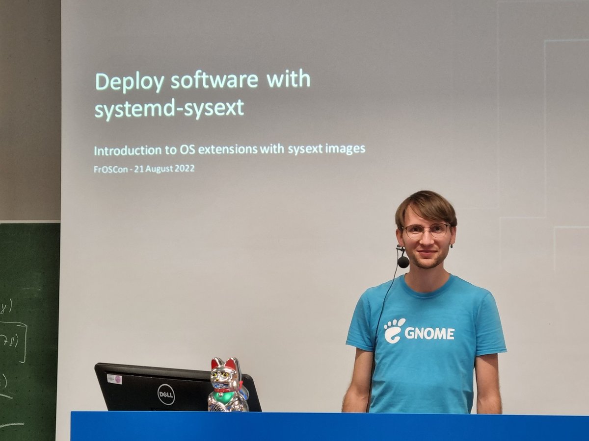 ThiloFM's tweet image. Starting soon at #FrOSCon2022 : Kai Lüke of the #Flatcar team talking about  image-based software deployment / OS extensions / composable OSes with #systemd sysext.
More details here: programm.froscon.org/mobil/#talk_27…