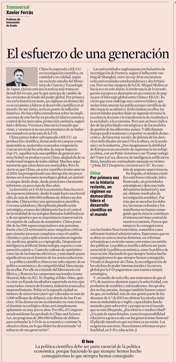 Xavier Ferràs (@xavierferras) on Twitter photo El plácido mundo en que nacimos ya no existe. China supera a EEUU en ciencia. Vienen tiempos de esfuerzo. Hoy, en <a href="/LaVanguardia/">La Vanguardia</a> El plácido mundo en que nacimos ya no existe. China supera a EEUU en ciencia. Vienen tiempos de esfuerzo. Hoy, en <a href="/LaVanguardia/">La Vanguardia</a>