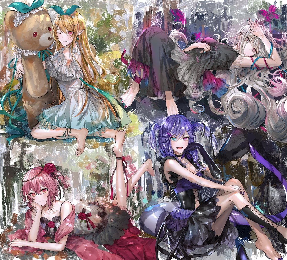 pomu rainpuff ,selen tatsuki multiple girls dress heterochromia purple eyes blonde hair 4girls long hair  illustration images