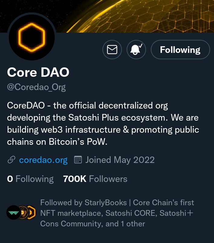 Congratulations to all community official <a href="/Coredao_Org/">Core DAO 🔶</a> has reach 700k followers on tweeter 
Let us build new blockchain #CORECHAIN to replace #Ethereum blockchain. Decentralized public chain.
#SatoshiPlusConsensus
