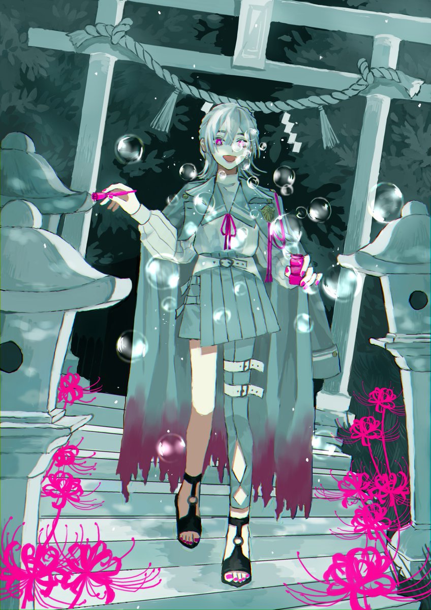 torii flower solo holding rope bubble 1girl  illustration images