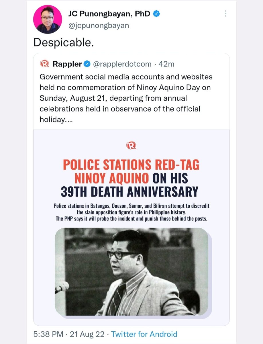 Despicable?

No. It's truth-telling, not red-tagging.

The myth, i.e., "Ninoy is a hero," has been exposed as a sham.

Nothing is more despicable than to continue deluding the Filipino public with a myth which has been exposed as a sham.

Goodbye, 39 years of dilawan narrative.