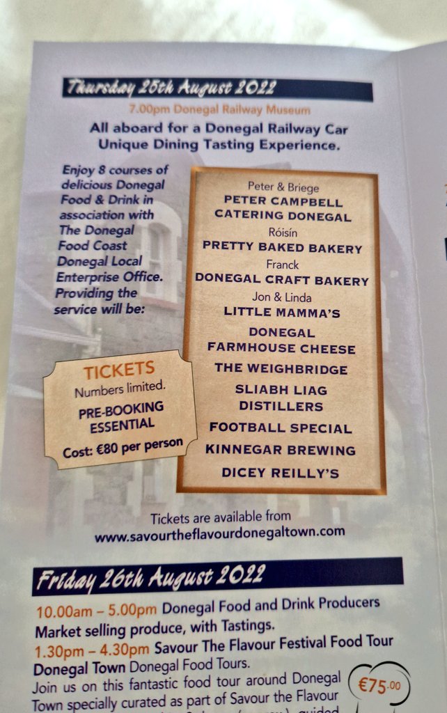 ReluctantF00die's tweet photo. @IrishFoodGuide @gnelis @tomdoorley @Tweetinggoddess @JamesSliabhLiag @KenMaguireDemos @mcdigby @CorinaHardgrave @LesliesWineFood @govisitdonegal @DonegalNoel I'm so looking forward, yet so disappointed that we missed out on the pre-festival dinner on 25th
Roisin #PrettyBaked in Donegal Town gave me a leaflet about a month ago, but the dining experience was already booked out😔
Must make sure to be there for 12Noon on Saturday Zak! https://t.co/nlPfvC7EU3