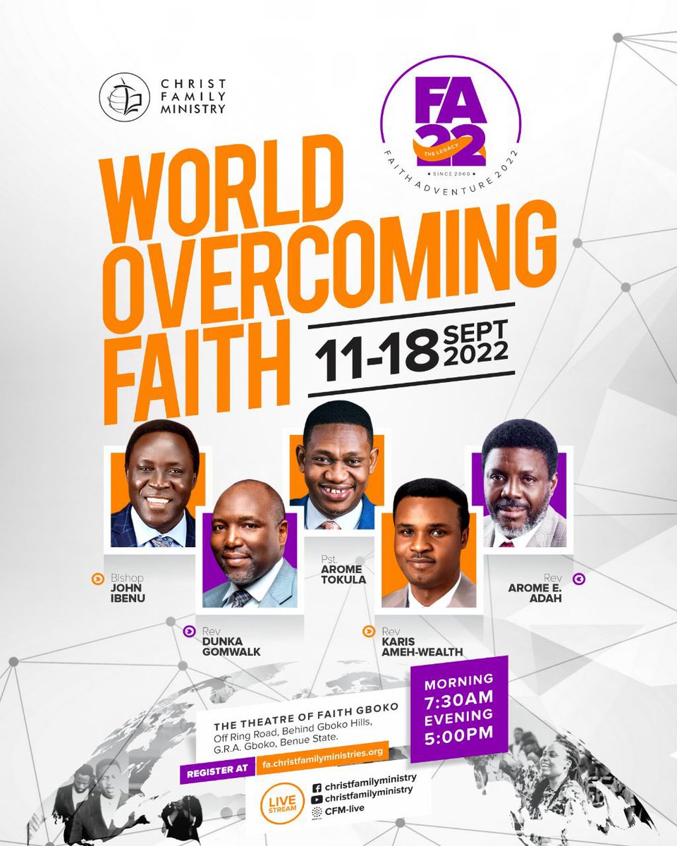 You are invited to our biggest ministry event of the year - Faith Adventure.

It's one week of God's power, presence and purpose. As you worship, learn and fellowship with us, you will receive World Overcoming Faith.